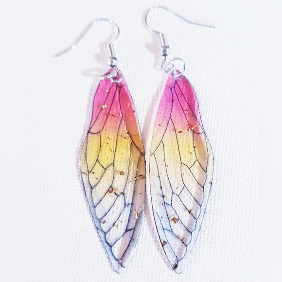 Winging It Earrings Red and Yellow Transluscent Wings Handmade Jewelry - Picture 10 of 12